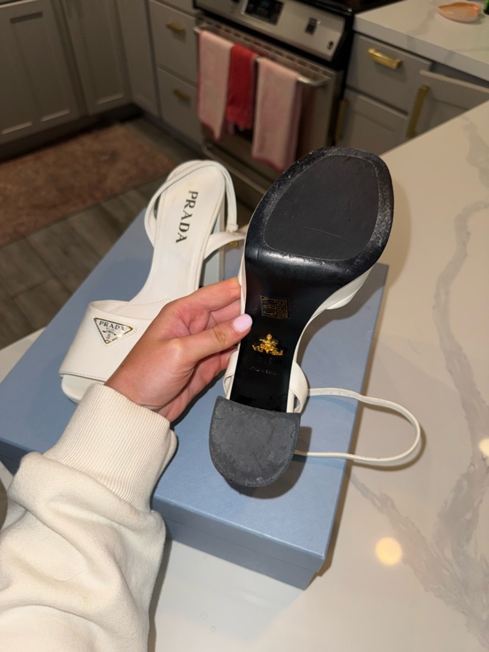 Prada White Leather Platform Block Heel Sandals with Gold Logo - Picture 7 of 12